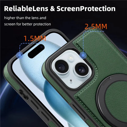 For iPhone 15 Magnetic Case Rotate Ring Kickstand PU Leather+PC+TPU Back Cover