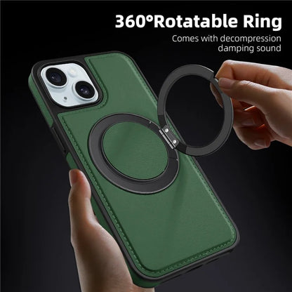For iPhone 15 Magnetic Case Rotate Ring Kickstand PU Leather+PC+TPU Back Cover