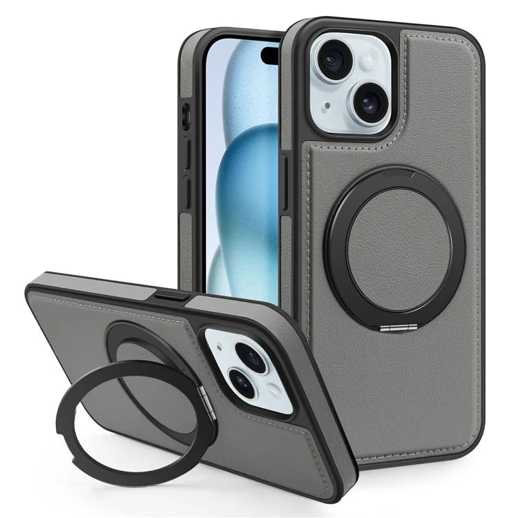 For iPhone 15 Magnetic Case Rotate Ring Kickstand PU Leather+PC+TPU Back Cover