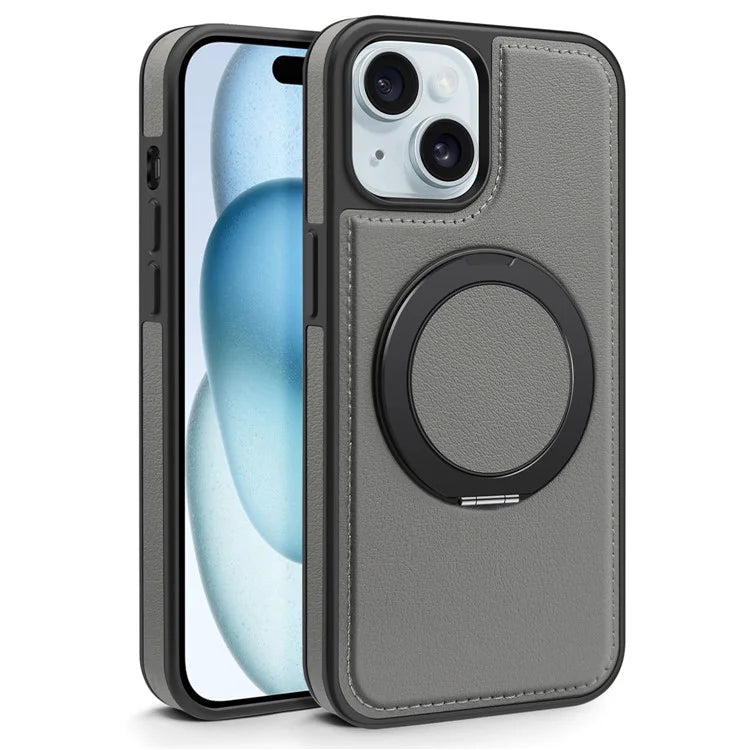 For iPhone 15 Magnetic Case Rotate Ring Kickstand PU Leather+PC+TPU Back Cover