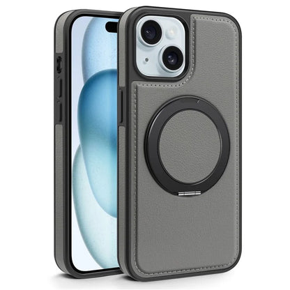 For iPhone 15 Magnetic Case Rotate Ring Kickstand PU Leather+PC+TPU Back Cover