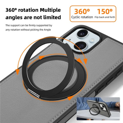 For iPhone 15 Magnetic Case Rotate Ring Kickstand PU Leather+PC+TPU Back Cover