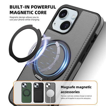 For iPhone 15 Magnetic Case Rotate Ring Kickstand PU Leather+PC+TPU Back Cover