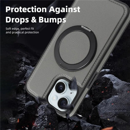 For iPhone 15 Magnetic Case Rotate Ring Kickstand PU Leather+PC+TPU Back Cover