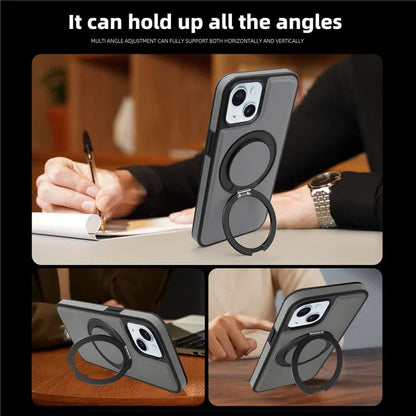 For iPhone 15 Magnetic Case Rotate Ring Kickstand PU Leather+PC+TPU Back Cover