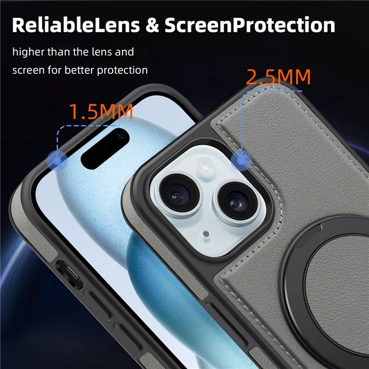 For iPhone 15 Magnetic Case Rotate Ring Kickstand PU Leather+PC+TPU Back Cover