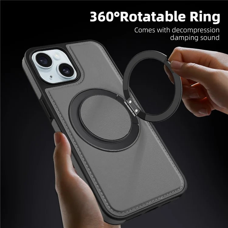 For iPhone 15 Magnetic Case Rotate Ring Kickstand PU Leather+PC+TPU Back Cover