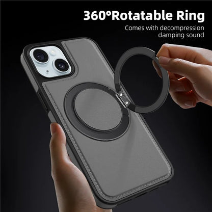 For iPhone 15 Magnetic Case Rotate Ring Kickstand PU Leather+PC+TPU Back Cover