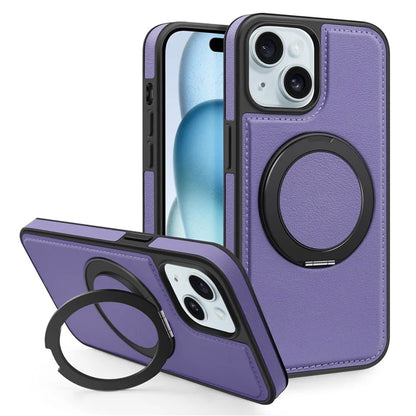 For iPhone 15 Magnetic Case Rotate Ring Kickstand PU Leather+PC+TPU Back Cover
