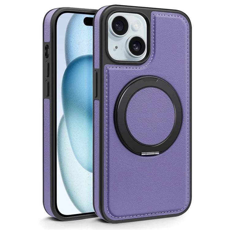 For iPhone 15 Magnetic Case Rotate Ring Kickstand PU Leather+PC+TPU Back Cover