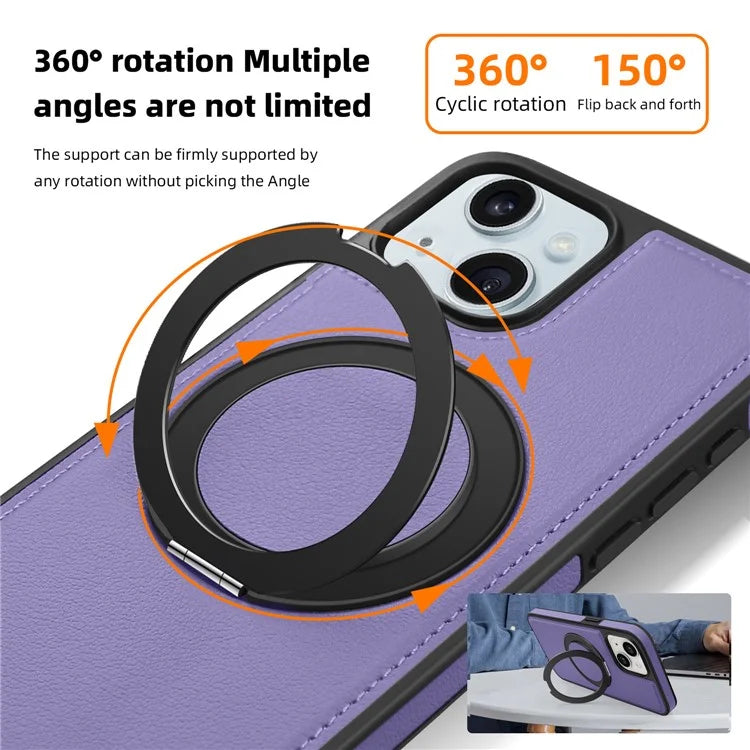 For iPhone 15 Magnetic Case Rotate Ring Kickstand PU Leather+PC+TPU Back Cover