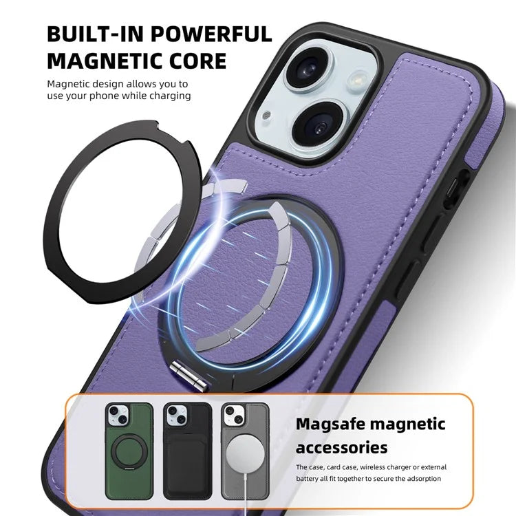For iPhone 15 Magnetic Case Rotate Ring Kickstand PU Leather+PC+TPU Back Cover