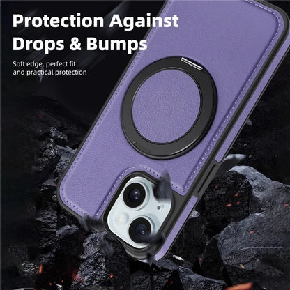 For iPhone 15 Magnetic Case Rotate Ring Kickstand PU Leather+PC+TPU Back Cover