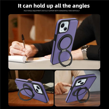 For iPhone 15 Magnetic Case Rotate Ring Kickstand PU Leather+PC+TPU Back Cover