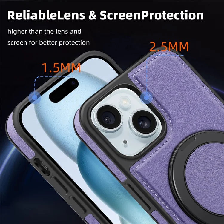 For iPhone 15 Magnetic Case Rotate Ring Kickstand PU Leather+PC+TPU Back Cover
