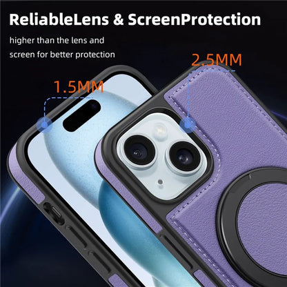 For iPhone 15 Magnetic Case Rotate Ring Kickstand PU Leather+PC+TPU Back Cover