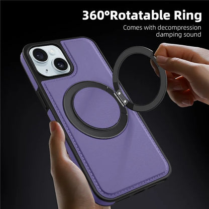 For iPhone 15 Magnetic Case Rotate Ring Kickstand PU Leather+PC+TPU Back Cover