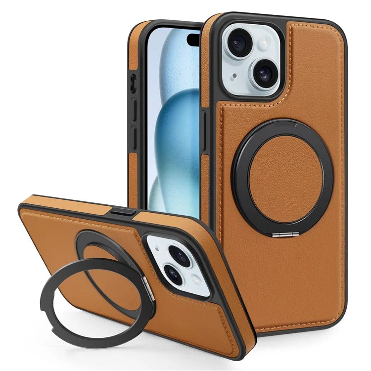 For iPhone 15 Magnetic Case Rotate Ring Kickstand PU Leather+PC+TPU Back Cover