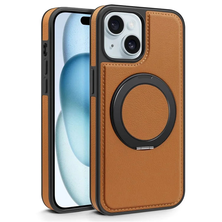 For iPhone 15 Magnetic Case Rotate Ring Kickstand PU Leather+PC+TPU Back Cover