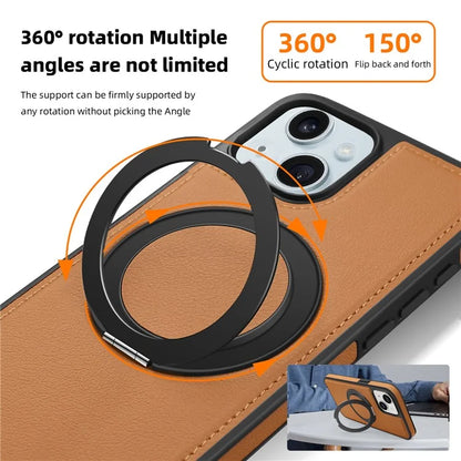For iPhone 15 Magnetic Case Rotate Ring Kickstand PU Leather+PC+TPU Back Cover