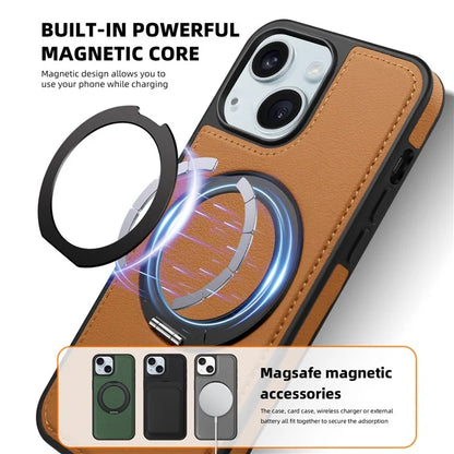 For iPhone 15 Magnetic Case Rotate Ring Kickstand PU Leather+PC+TPU Back Cover