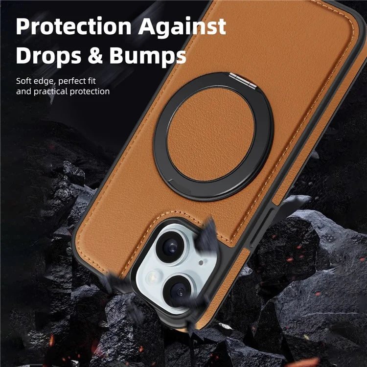For iPhone 15 Magnetic Case Rotate Ring Kickstand PU Leather+PC+TPU Back Cover