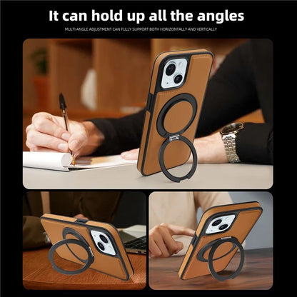For iPhone 15 Magnetic Case Rotate Ring Kickstand PU Leather+PC+TPU Back Cover