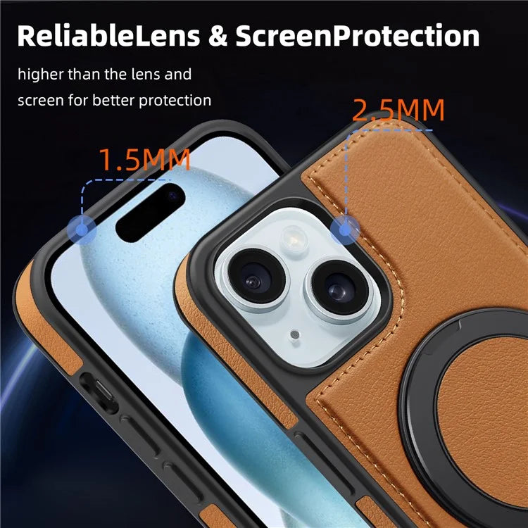 For iPhone 15 Magnetic Case Rotate Ring Kickstand PU Leather+PC+TPU Back Cover