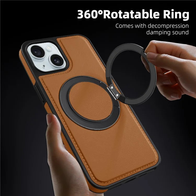 For iPhone 15 Magnetic Case Rotate Ring Kickstand PU Leather+PC+TPU Back Cover