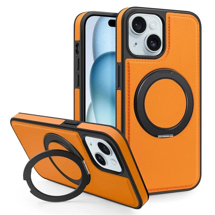 For iPhone 15 Magnetic Case Rotate Ring Kickstand PU Leather+PC+TPU Back Cover