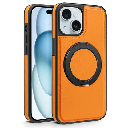 For iPhone 15 Magnetic Case Rotate Ring Kickstand PU Leather+PC+TPU Back Cover