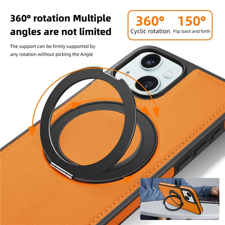 For iPhone 15 Magnetic Case Rotate Ring Kickstand PU Leather+PC+TPU Back Cover