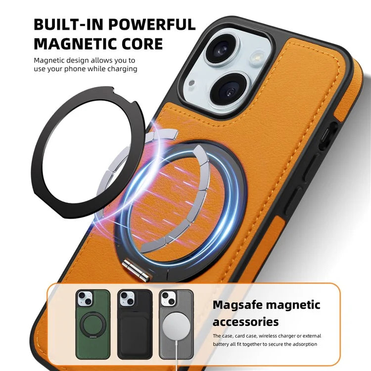 For iPhone 15 Magnetic Case Rotate Ring Kickstand PU Leather+PC+TPU Back Cover