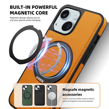 For iPhone 15 Magnetic Case Rotate Ring Kickstand PU Leather+PC+TPU Back Cover