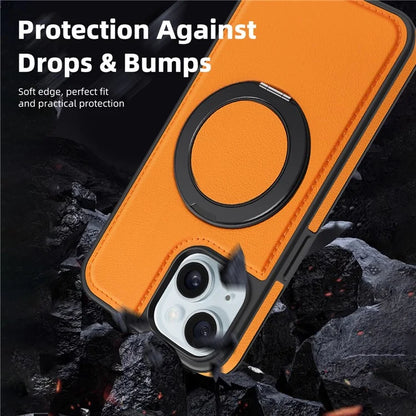 For iPhone 15 Magnetic Case Rotate Ring Kickstand PU Leather+PC+TPU Back Cover