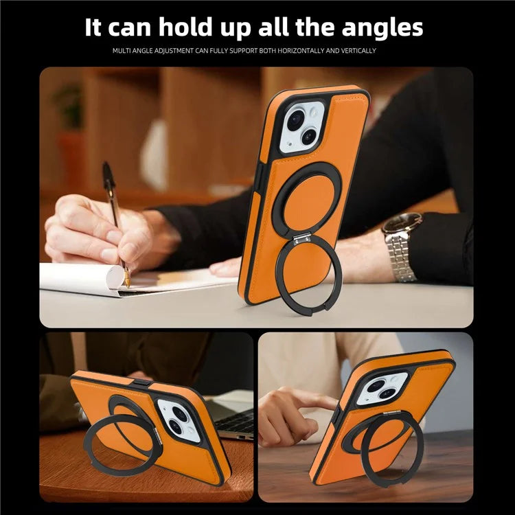 For iPhone 15 Magnetic Case Rotate Ring Kickstand PU Leather+PC+TPU Back Cover