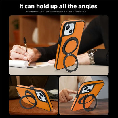 For iPhone 15 Magnetic Case Rotate Ring Kickstand PU Leather+PC+TPU Back Cover