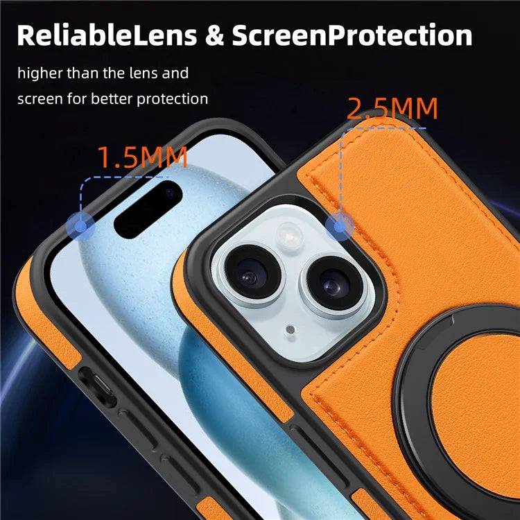 For iPhone 15 Magnetic Case Rotate Ring Kickstand PU Leather+PC+TPU Back Cover