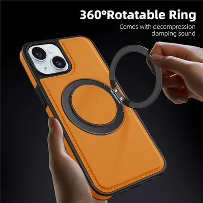 For iPhone 15 Magnetic Case Rotate Ring Kickstand PU Leather+PC+TPU Back Cover