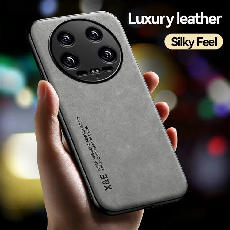 X&E For Xiaomi 14 Ultra Phone Case PU Leather Coated TPU+PC Back Cover Support Magnetic Car Mount