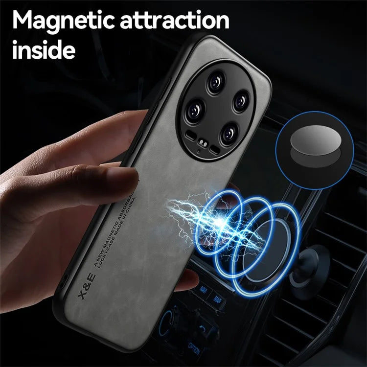 X&E For Xiaomi 14 Ultra Phone Case PU Leather Coated TPU+PC Back Cover Support Magnetic Car Mount