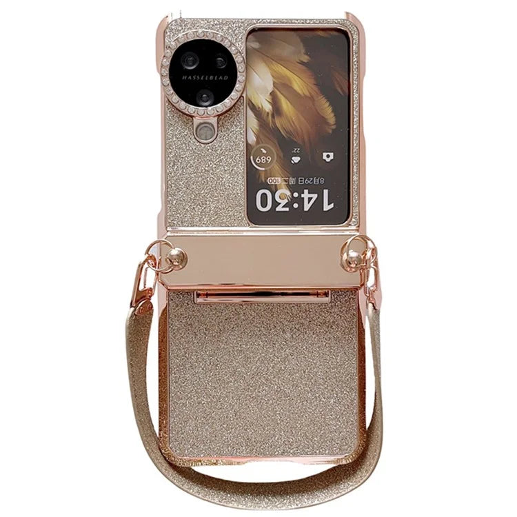 For Oppo Find N3 Flip 5G Case Rhinestones Glitter Hard PC Folding Phone Cover with Wrist Strap
