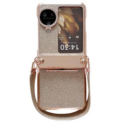 For Oppo Find N3 Flip 5G Case Rhinestones Glitter Hard PC Folding Phone Cover with Wrist Strap