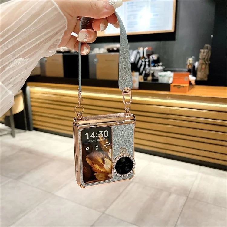 For Oppo Find N3 Flip 5G Case Rhinestones Glitter Hard PC Folding Phone Cover with Wrist Strap