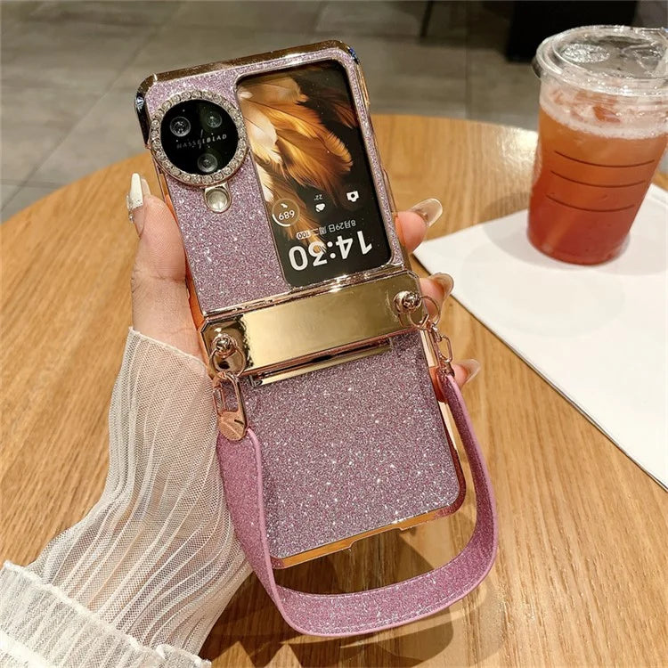 For Oppo Find N3 Flip 5G Case Rhinestones Glitter Hard PC Folding Phone Cover with Wrist Strap