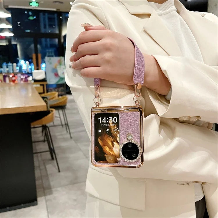 For Oppo Find N3 Flip 5G Case Rhinestones Glitter Hard PC Folding Phone Cover with Wrist Strap