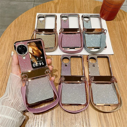 For Oppo Find N3 Flip 5G Case Rhinestones Glitter Hard PC Folding Phone Cover with Wrist Strap