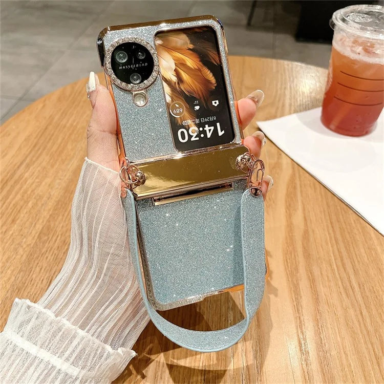 For Oppo Find N3 Flip 5G Case Rhinestones Glitter Hard PC Folding Phone Cover with Wrist Strap