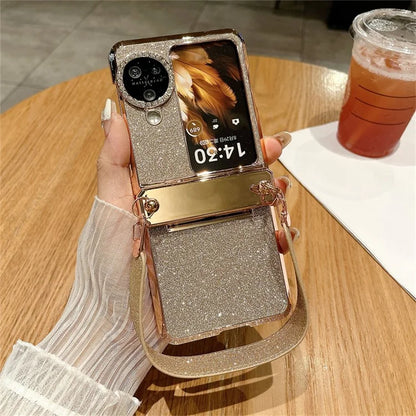 For Oppo Find N3 Flip 5G Case Rhinestones Glitter Hard PC Folding Phone Cover with Wrist Strap