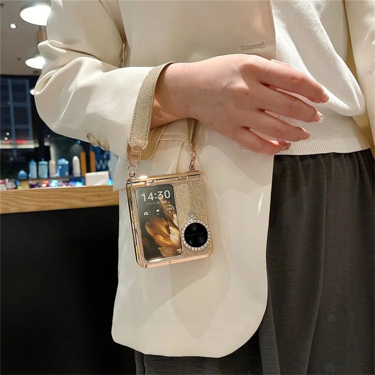 For Oppo Find N3 Flip 5G Case Rhinestones Glitter Hard PC Folding Phone Cover with Wrist Strap